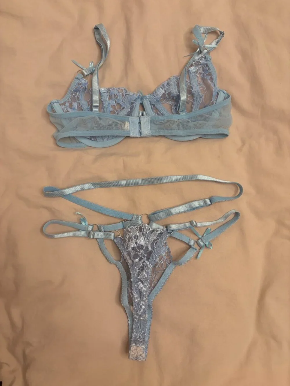 Blue Lace Strappy Bra and Panty Lingerie Set Size Small